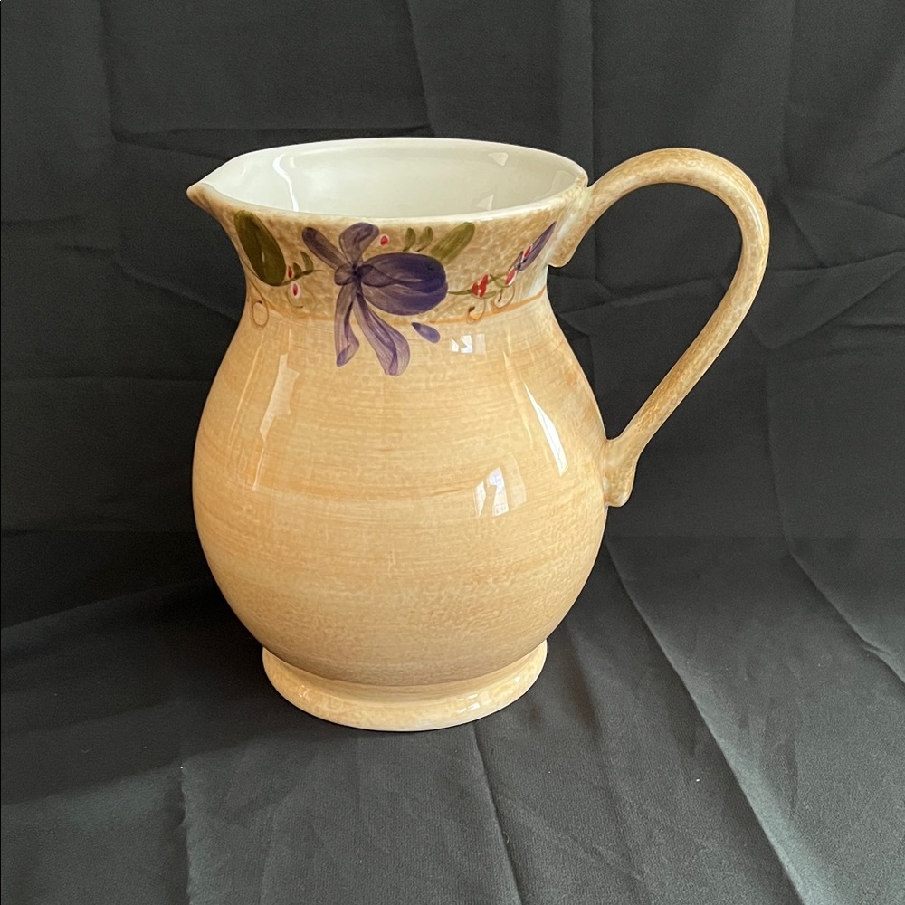Hand-Painted Cream Ceramic Pitcher with Purple Floral Detail